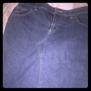 Knee length jean skirt.